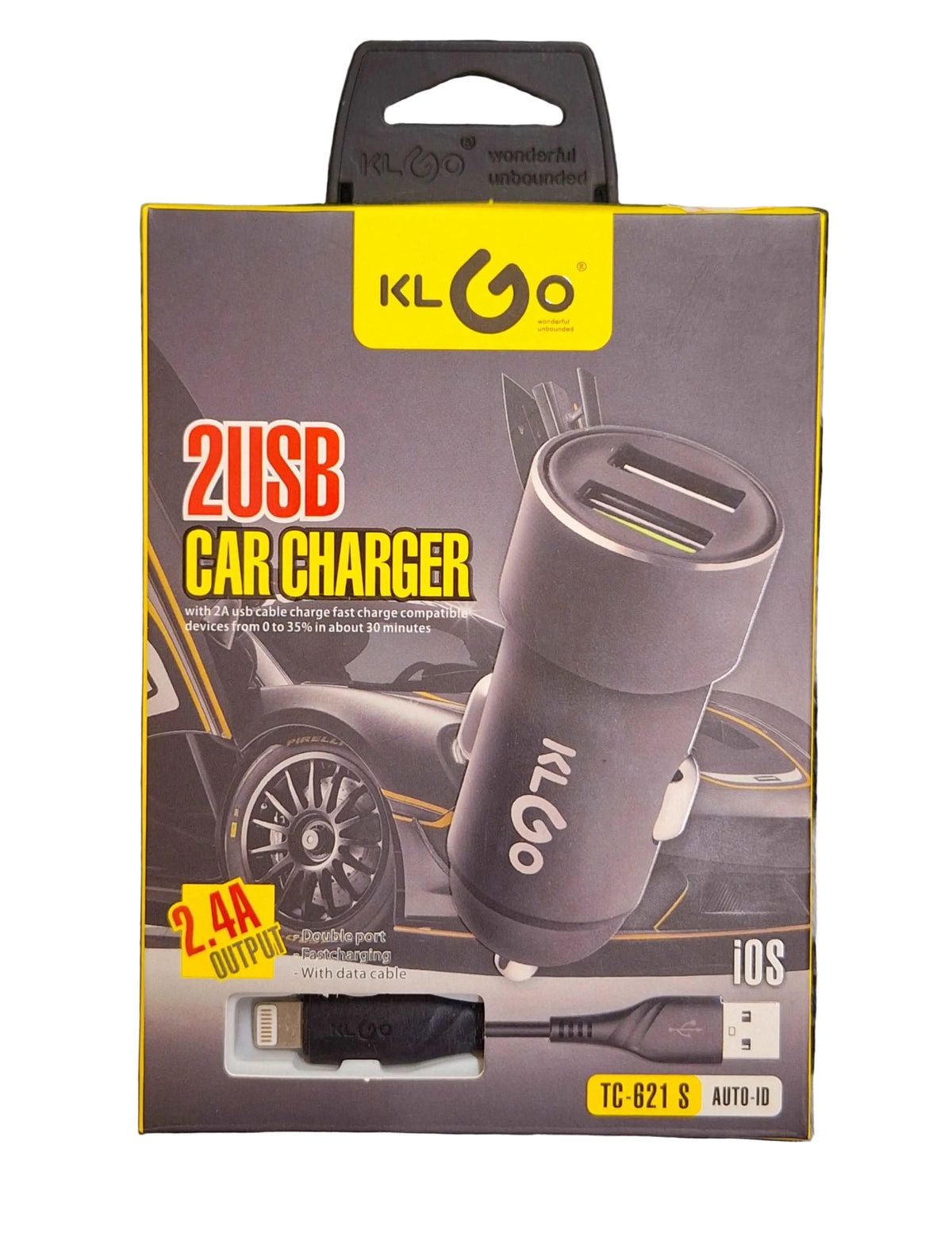 ET 2-port USB car charger with iOS charging cable, compact design for easy in-car device charging and compatibility.