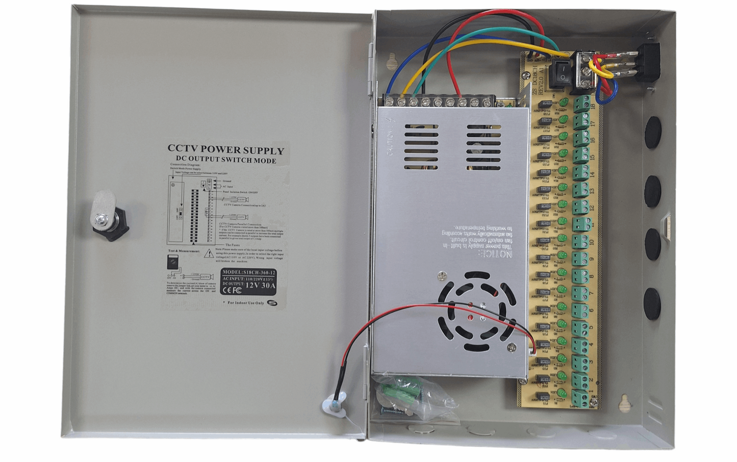 Little Tokyo SA 12V 30A CCTV power supply with switch mode DC output, ideal for security camera systems.
