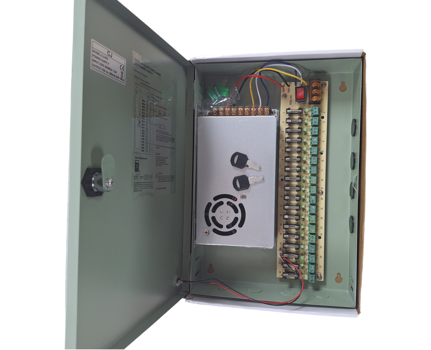 Little Tokyo SA CJ 12VDC switch mode CCTV power supply with output terminals and compact design.