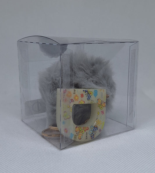 Custom Resin Letter Keychain With a Grey Pom Pom - D - Little Tokyo SA