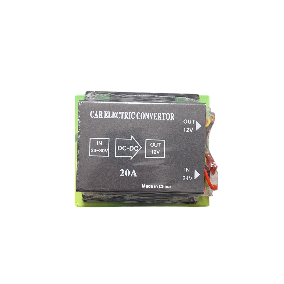 Little Tokyo SA DC 24V to 12V 20A power step-down transformer showing metal casing and input/output terminals.