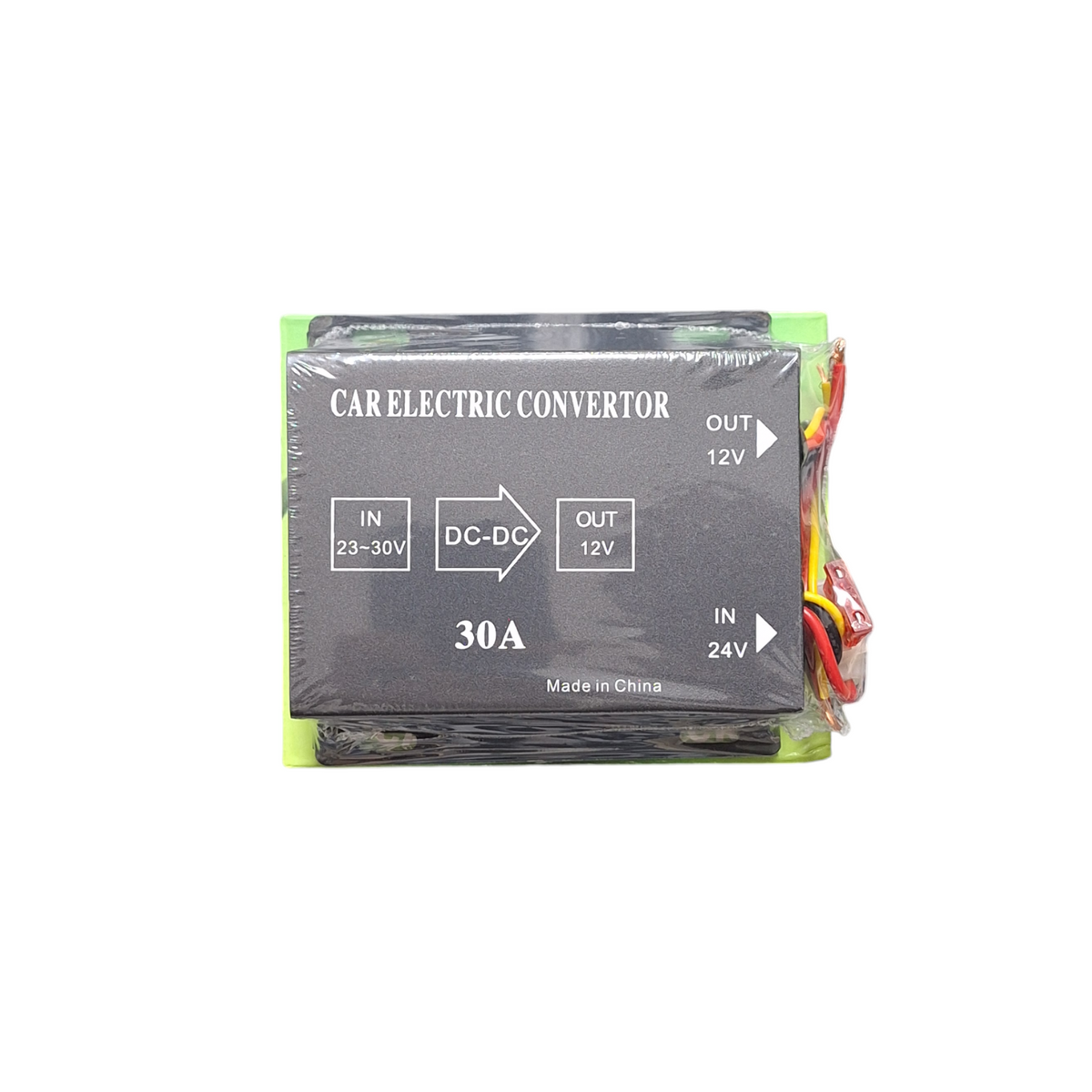 ET DC 24V to 12V 30A power step-down transformer showing the compact metal casing and connection terminals.