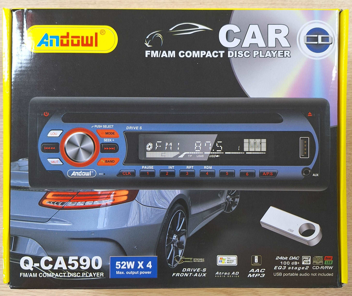 ET Andowl Car FM/AM Compact Disc Player with 52W x 4 output, shown in a sleek, compact design for in-car audio entertainment.