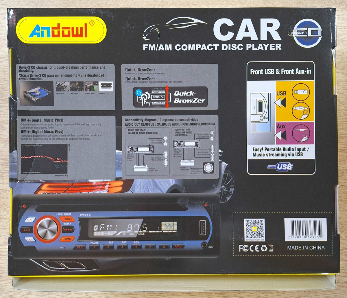 ET Andowl Car FM/AM Compact Disc Player with 52W x 4 power output, shown installed in a vehicle dashboard.