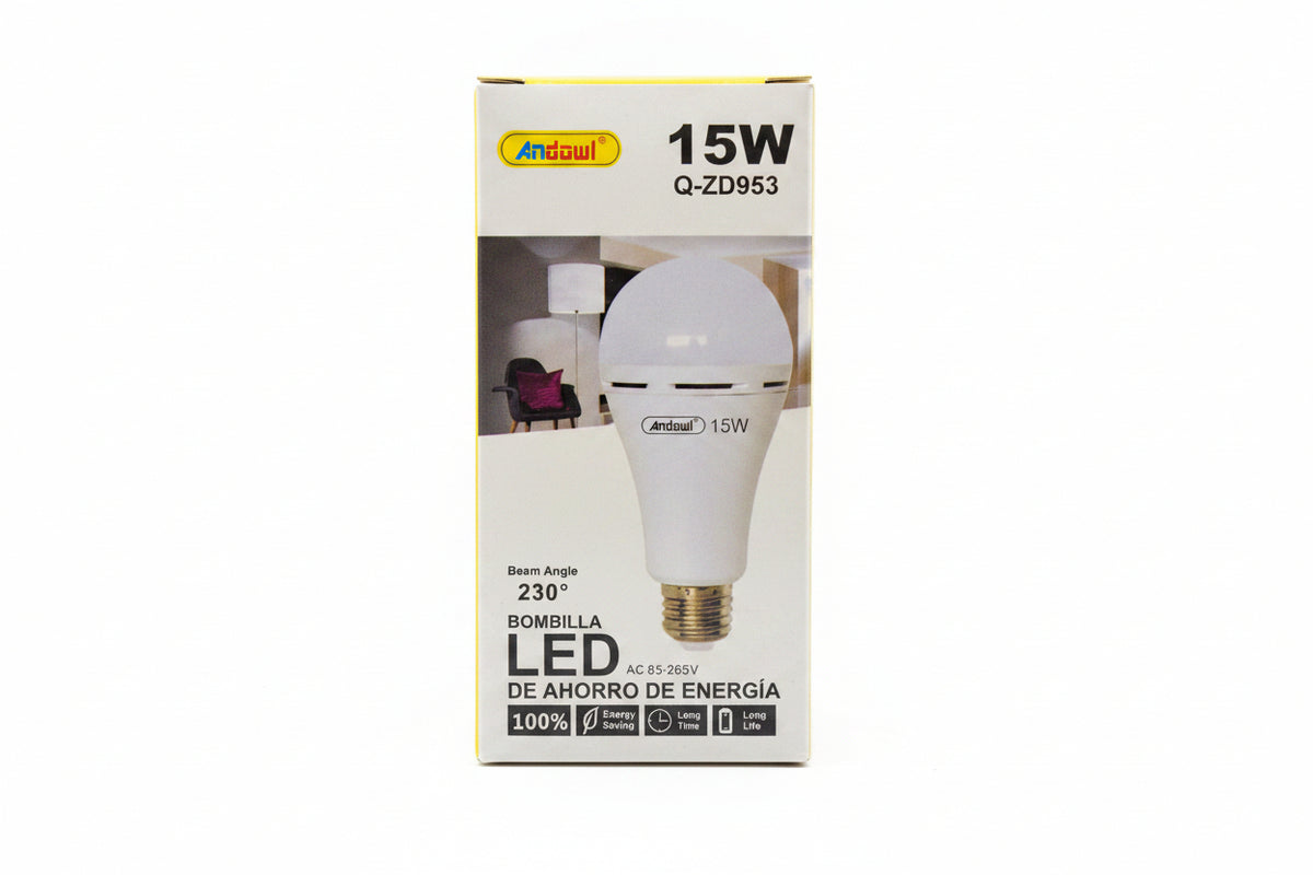 ET Andowl Rechargeable 15W E27 LED Bulb emitting bright light, showcasing its compact design and rechargeable feature.