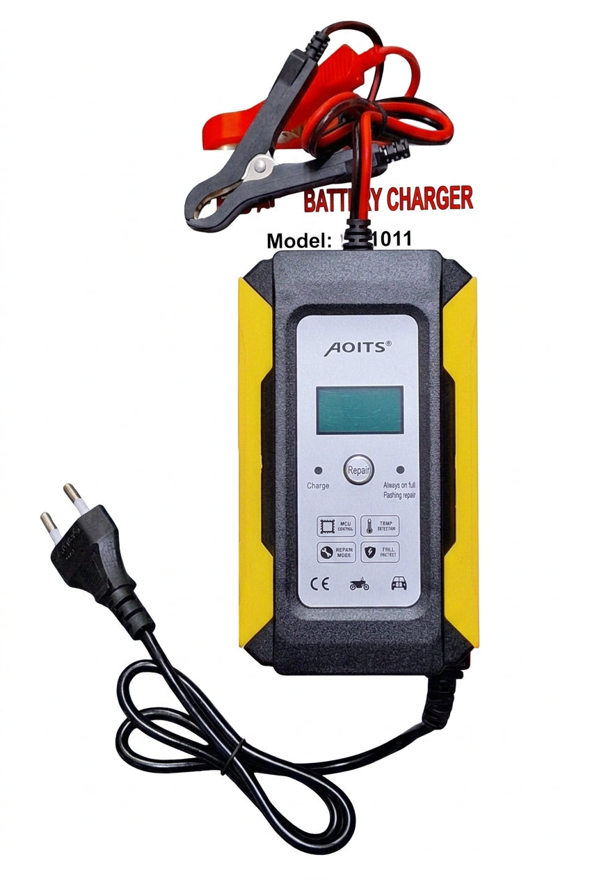 ET Aoits 12V 10Ah lead-acid battery charger connected to a battery, showcasing compact design and charging ports.
