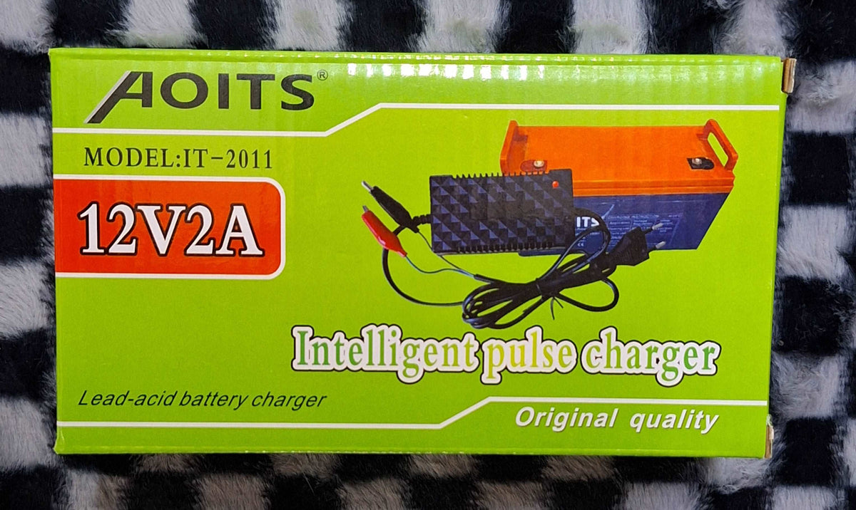 ET Aoits 12V 2A Lead-Acid Intelligent Pulse Battery Charger connected to a battery, showing its compact design and control panel.