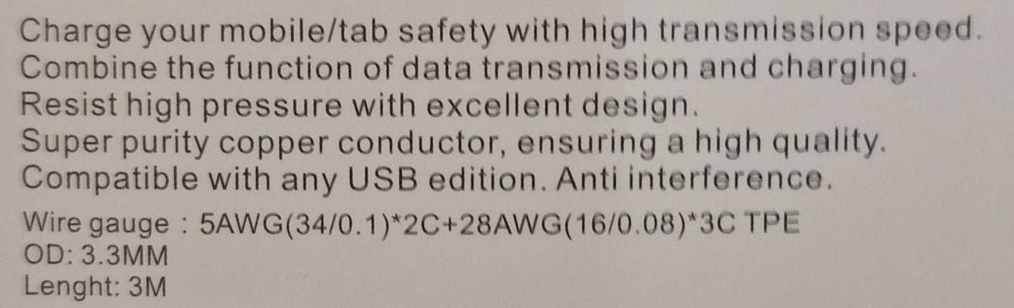 Fast Charging USB Type-C 5A Output Cable - 3 meters - Little Tokyo SA