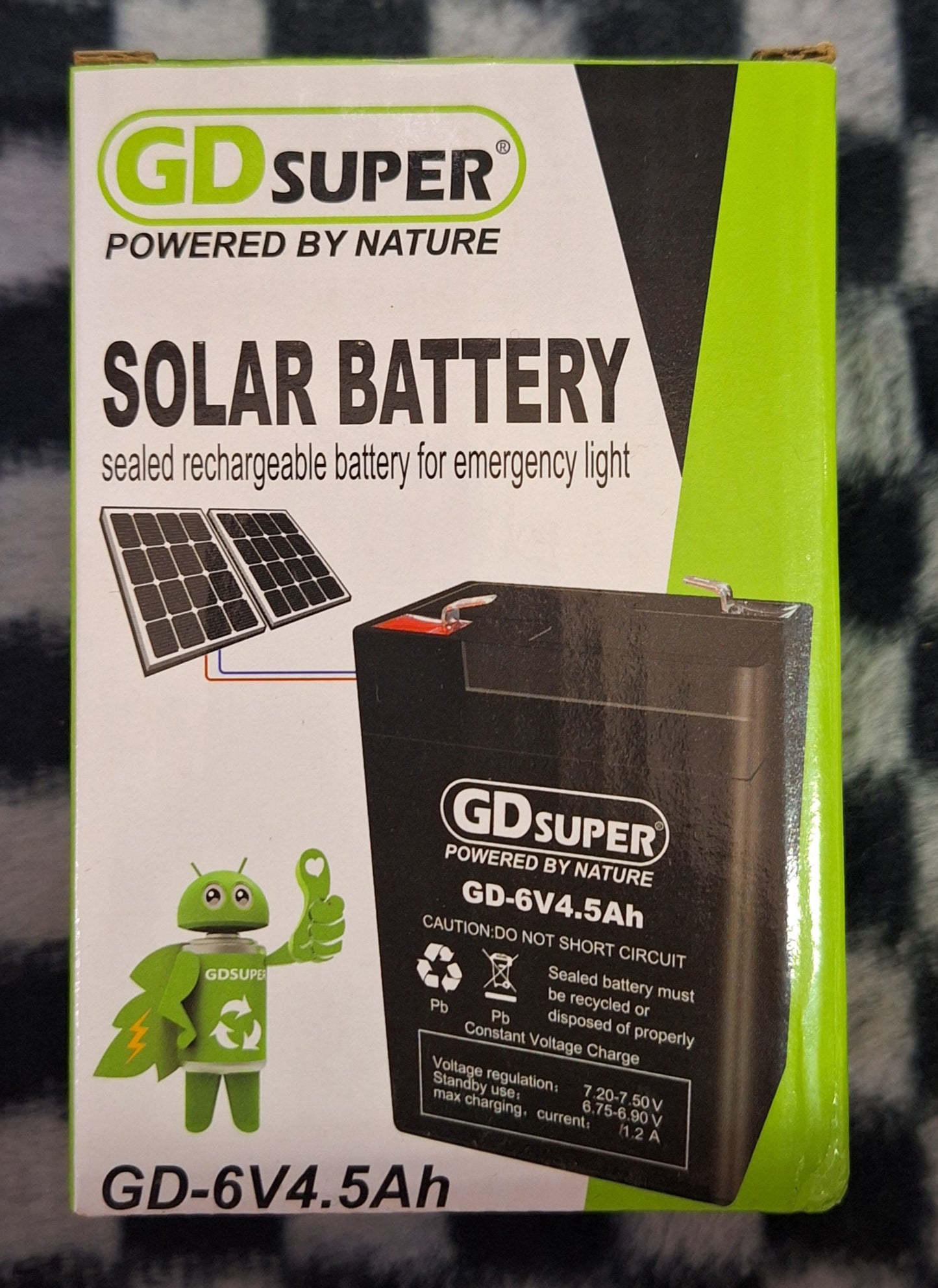 Little Tokyo SA GD-6V 4.5AH solar gel battery with dimensions 73x49x110mm, showing the compact sealed lead-acid battery.