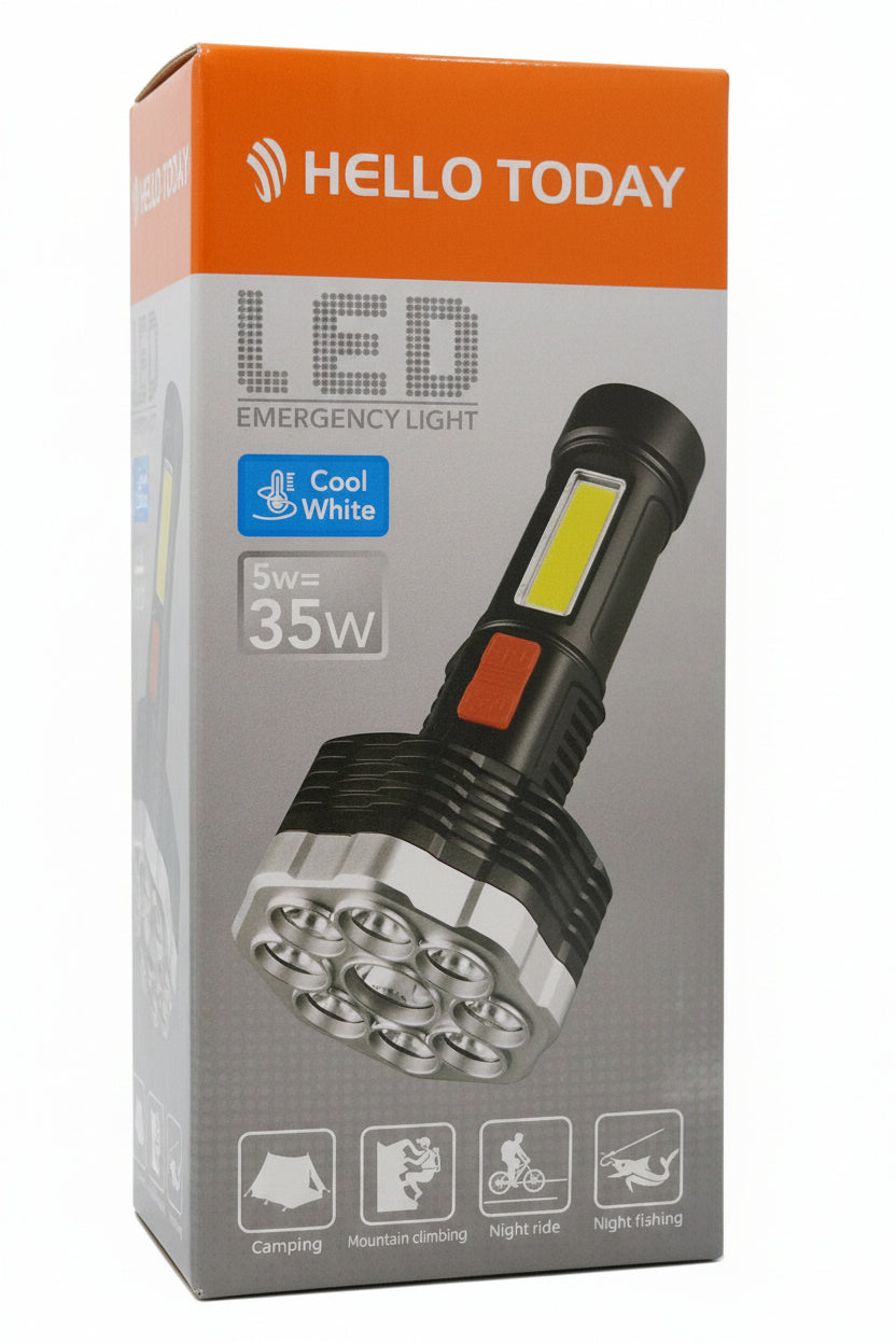 ET Hello Today LED Emergency Torch, compact handheld flashlight with bright LED light, ideal for emergencies and outdoor use.