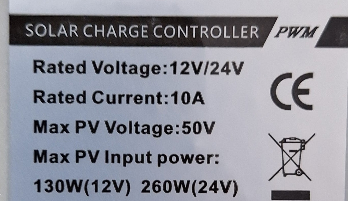 ET PWM solar charge controller with USB ports, 10A, suitable for 12V and 24V solar power systems, shown in the image.
