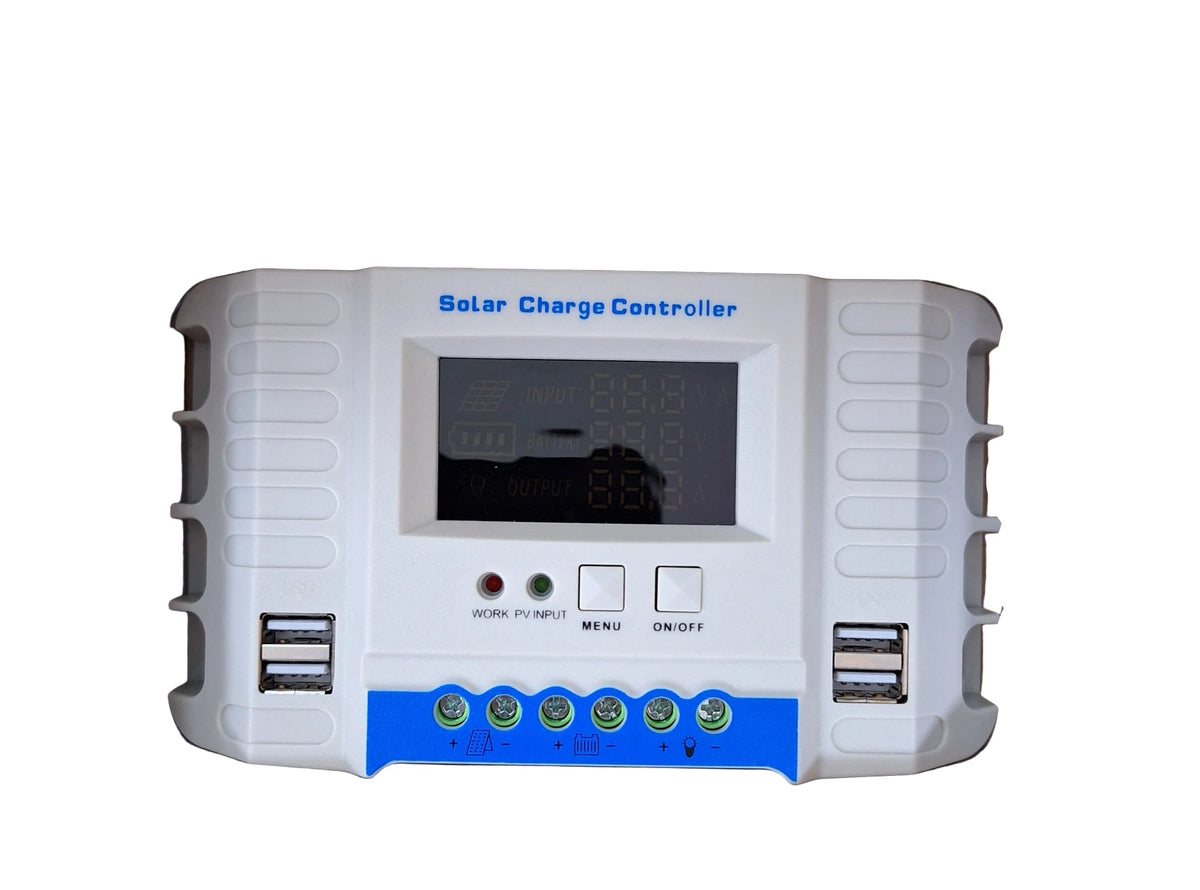 ET PWM Solar Charge Controller with USB ports, 10A, compatible with 12V and 24V solar power systems, shown with display and ports.
