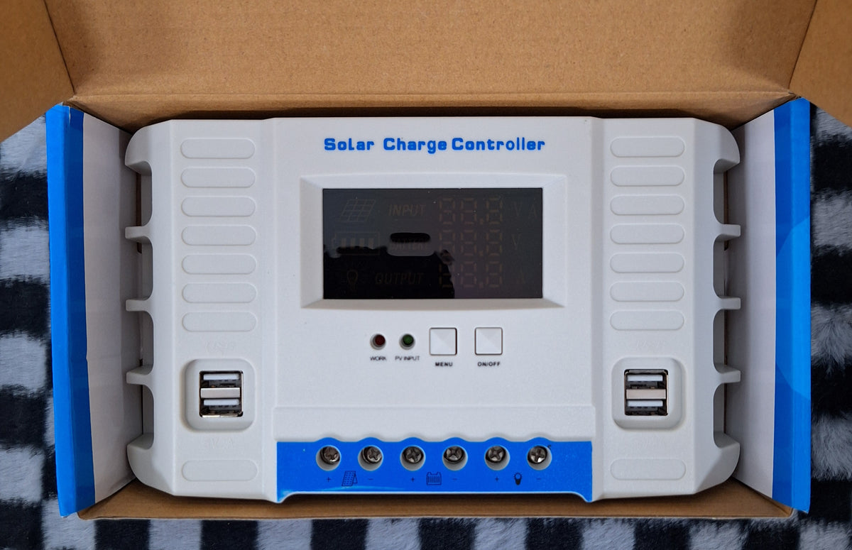 ET PWM solar charge controller with USB ports, 60A, compatible with 12V and 24V solar power systems, shown in image.