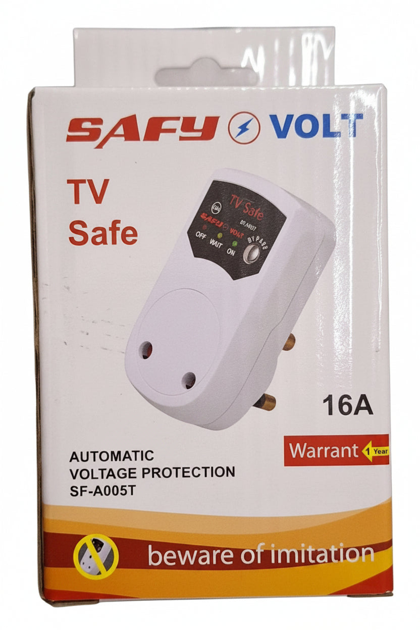 ET Safy TV automatic voltage surge protector with 16A capacity, shown plugged into a power strip to protect electronics from surges.