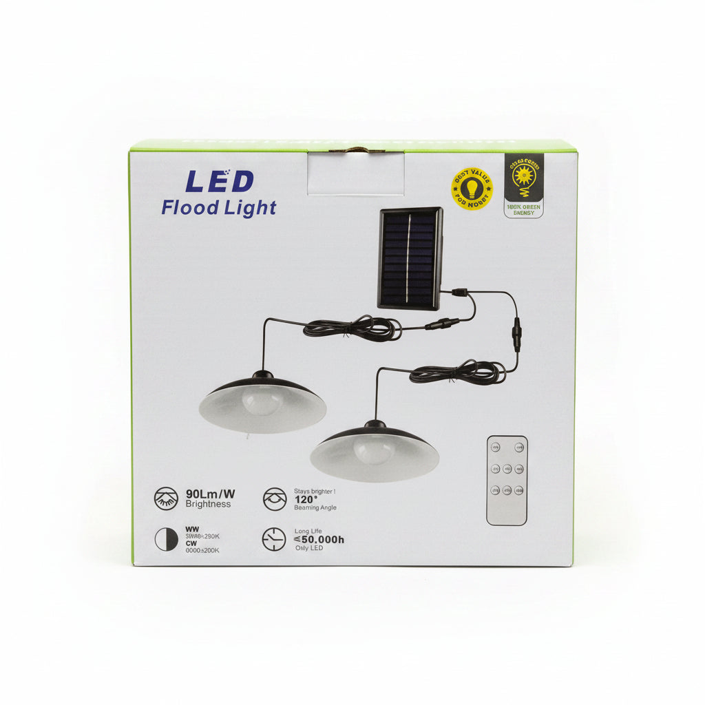 ET dual solar charged indoor LED lights with remote control, shown mounted on a wall for ambient lighting and convenience indoors.