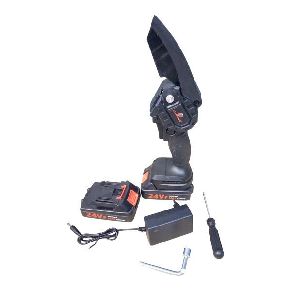 Super Electronics Jiageng JG1086 electric chainsaw with two 24V lithium batteries, showcasing its compact design and battery compartments.