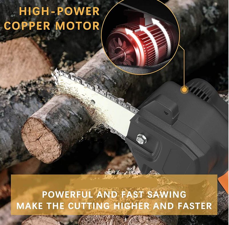 Super Electronics Jiageng JG1086 electric chainsaw with two 24V lithium batteries and a 3000mAh capacity, shown in use.