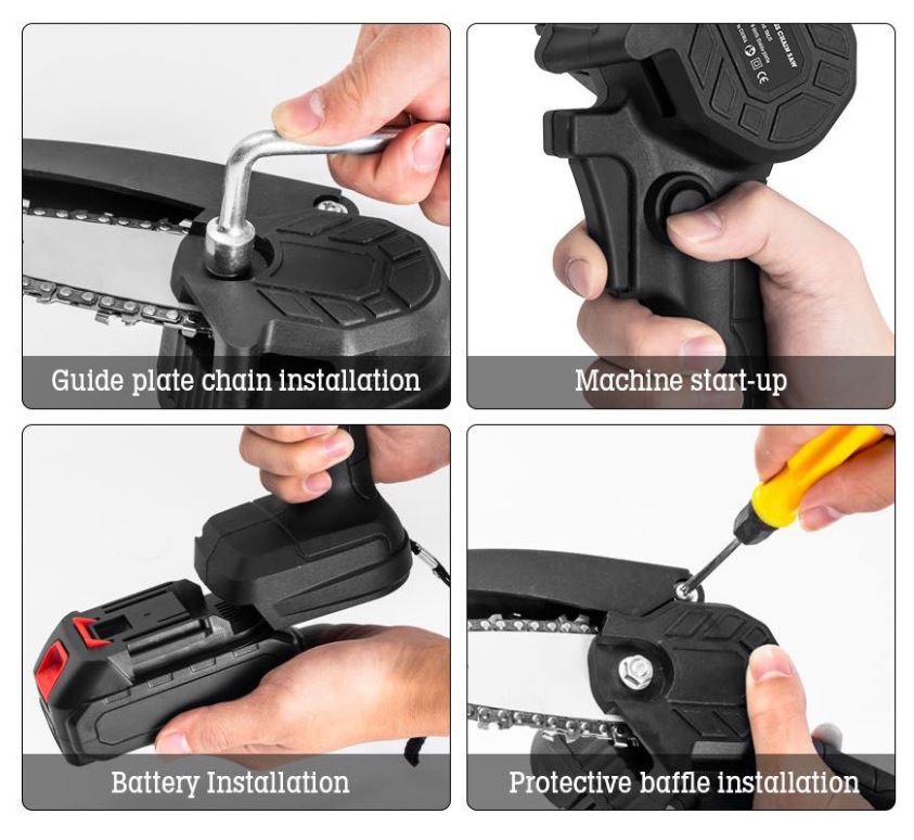 Jiageng JG1086 electric chainsaw by Super Electronics with two 24V lithium batteries, lightweight and powerful for yard cutting.