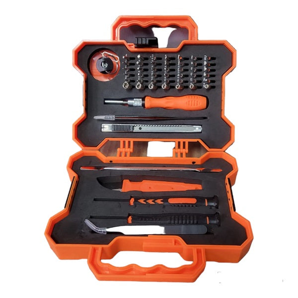 Super Electronics Jiageng JG20375088 53-in-1 screw driver and drill bit set with multiple bits and screwdriver handle.