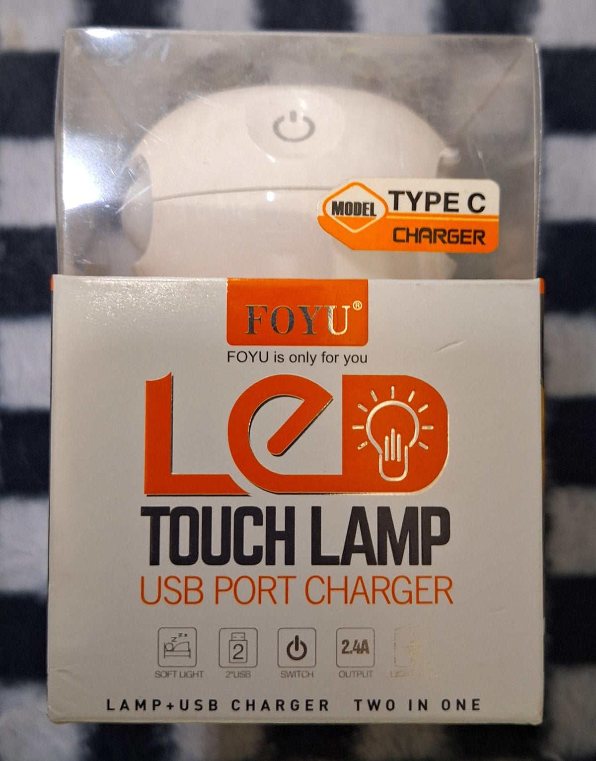 Little Tokyo SA FOYU LED Touch Lamp with USB Charger 2.4A output, showing the sleek touch control and charging port on the lamp.