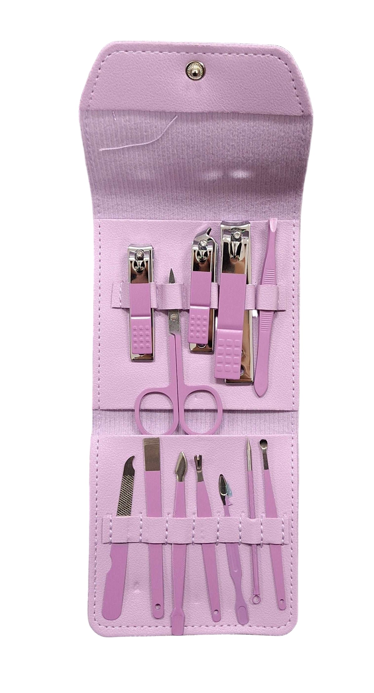 Purple ET 12-piece manicure set with nail clippers, scissors, and tools for professional nail care.