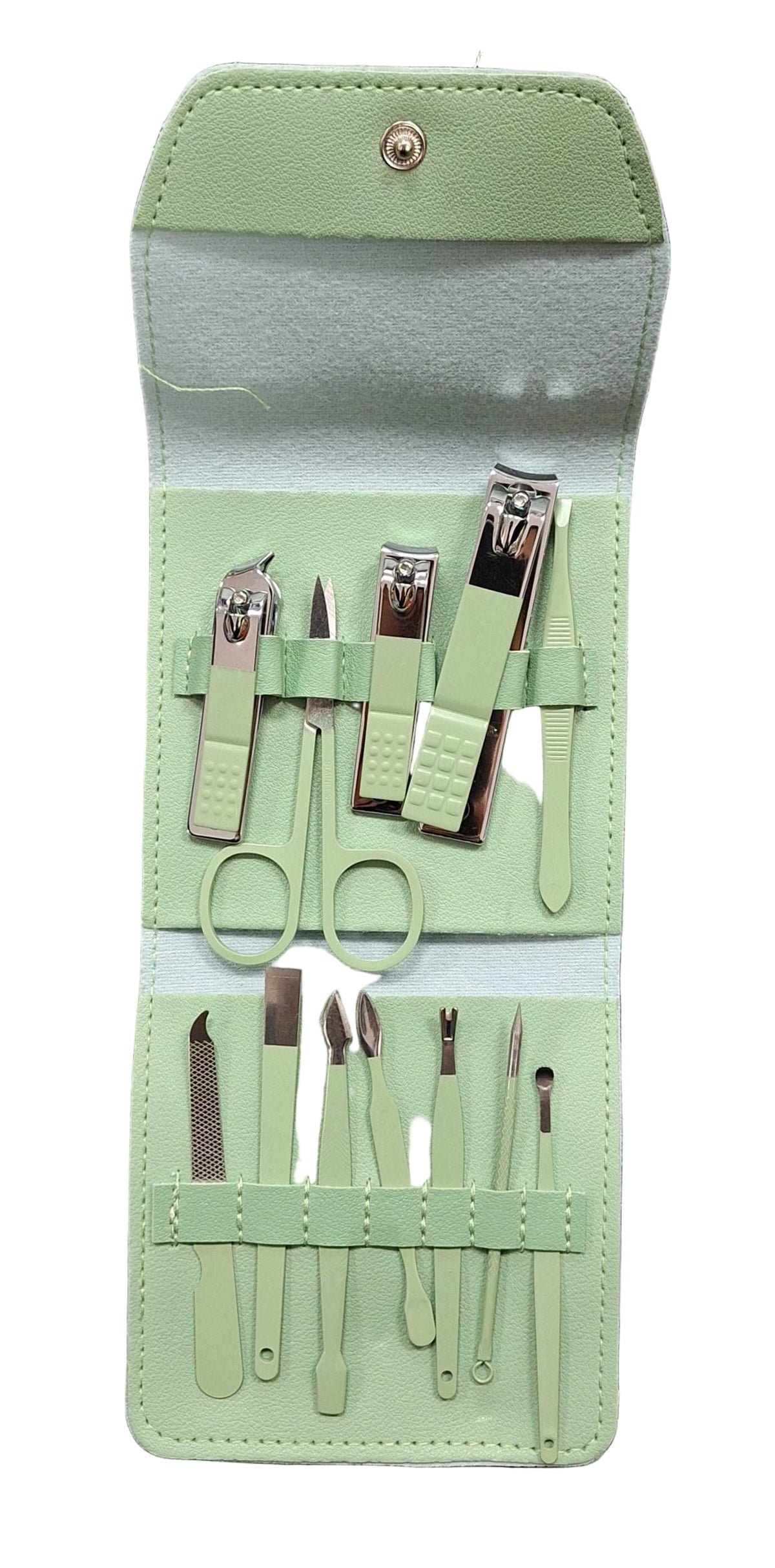 Purple ET 12-piece manicure set with nail clippers, scissors, and tools for professional nail care and grooming.