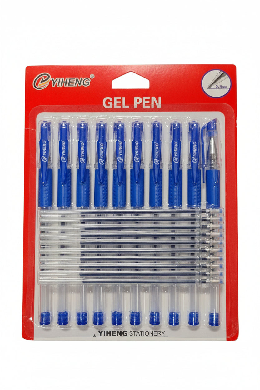 10pc Blue Gel Pen With x10 Refills - 0.5mm