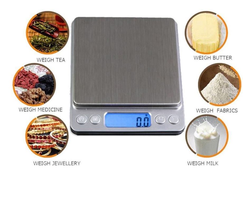 ET professional digital tabletop scale displaying 500g capacity with 0.1g precision, placed on a clean surface.