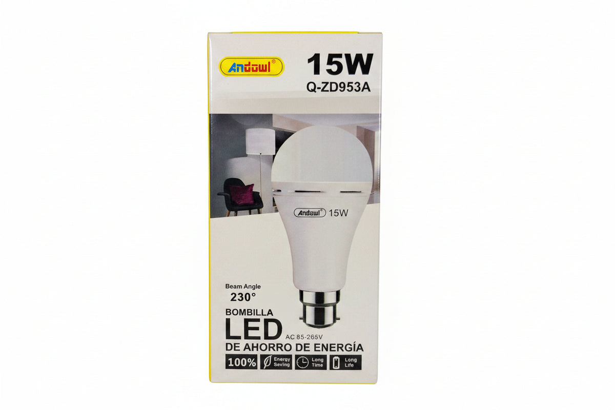 ET Andowl rechargeable 15W B22 LED bulb, compact design, with a black base and clear LED lens, suitable for household lighting.