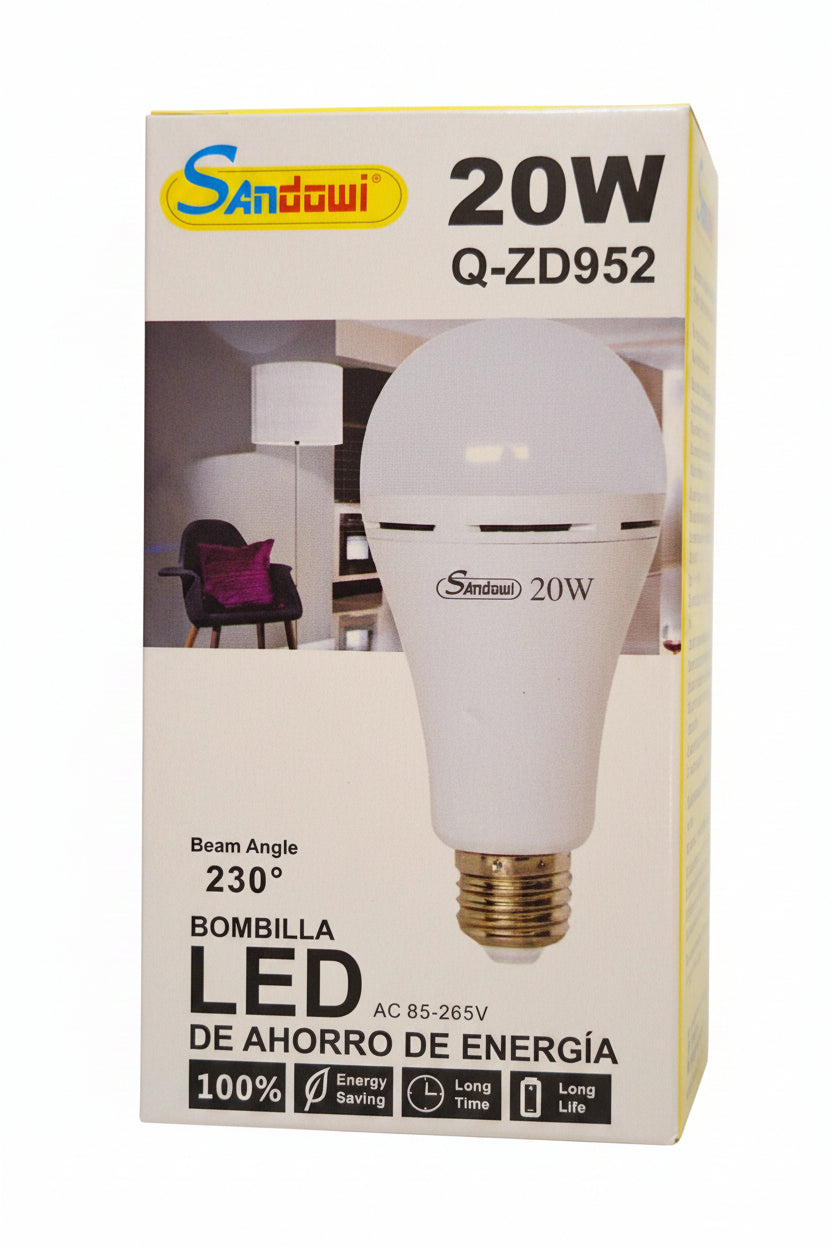 ET Andowl rechargeable 20W E27 LED bulb showing a white plastic bulb with E27 screw base and compact design.