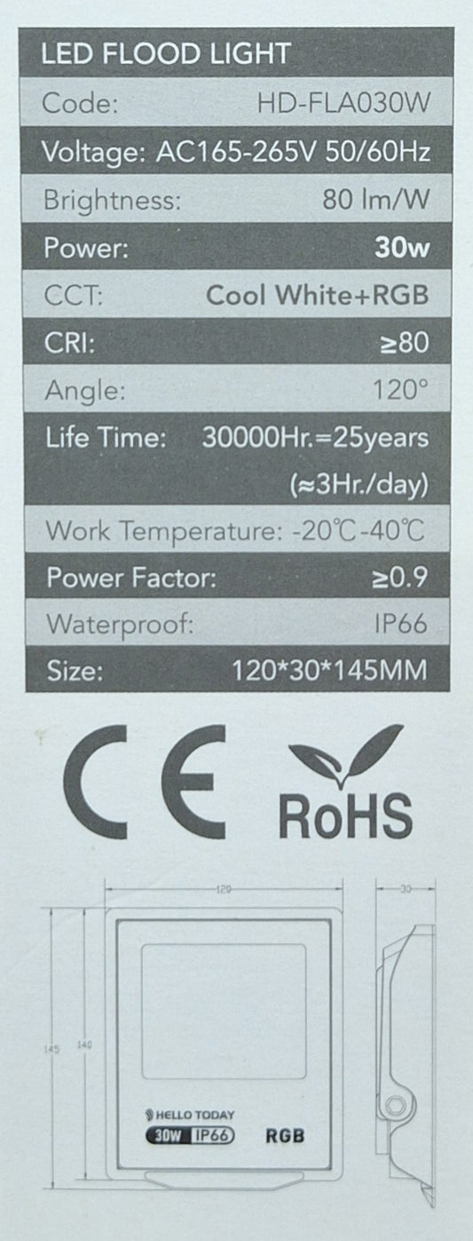 Hello Today Cool White + RGB 30 Watt LED Flood Light - Indoor/Outdoor - Little Tokyo SA