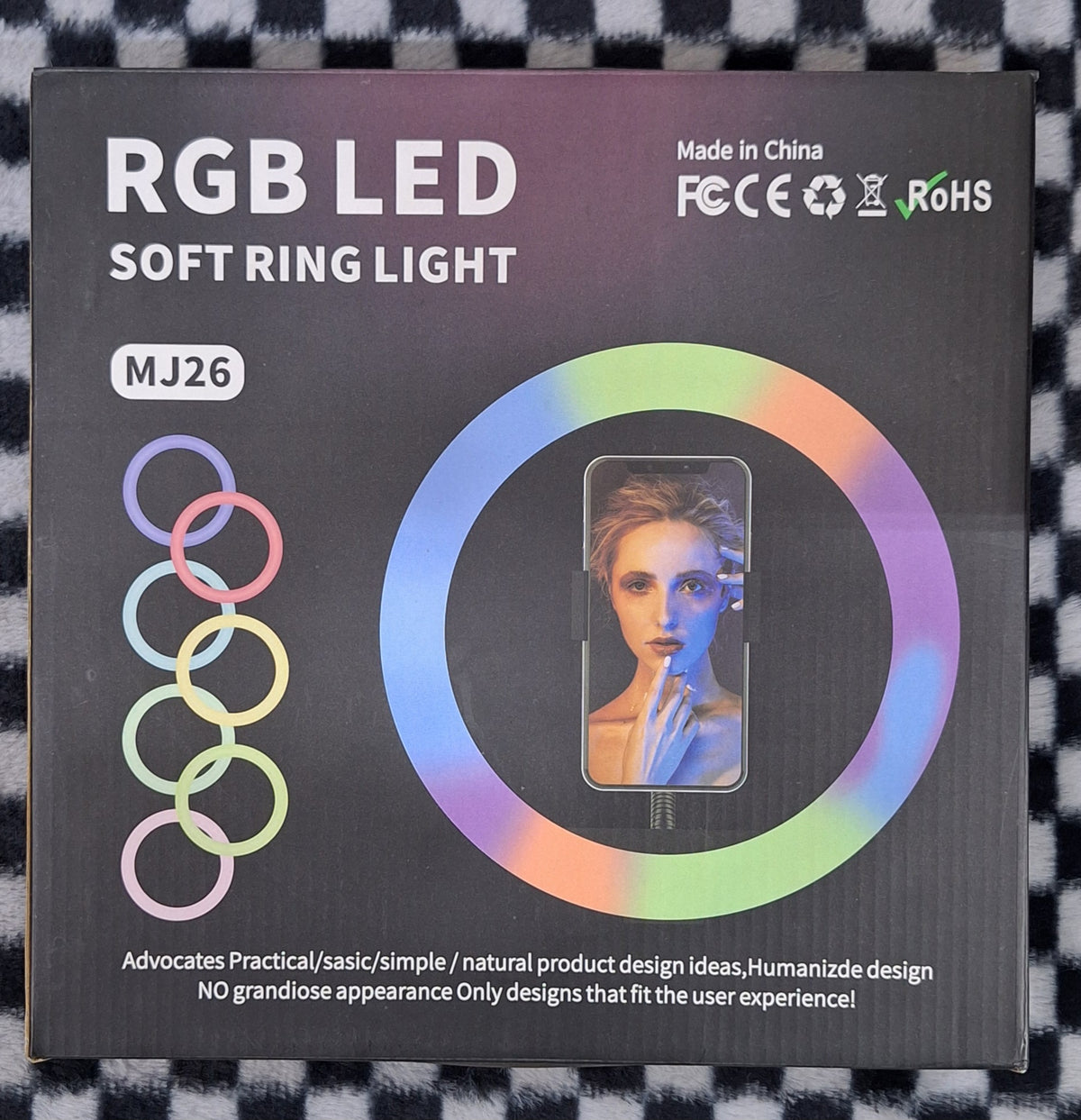 Little Tokyo SA RGB LED Soft Ring Light MJ26, 10-inch diameter, adjustable colorful lighting for photography and video.