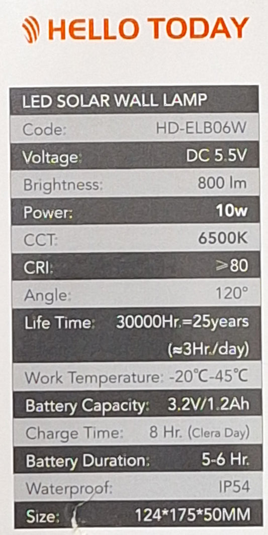 Hello Today 10 Watt Motion Sensor Solar Wall Lamp - Little Tokyo SA