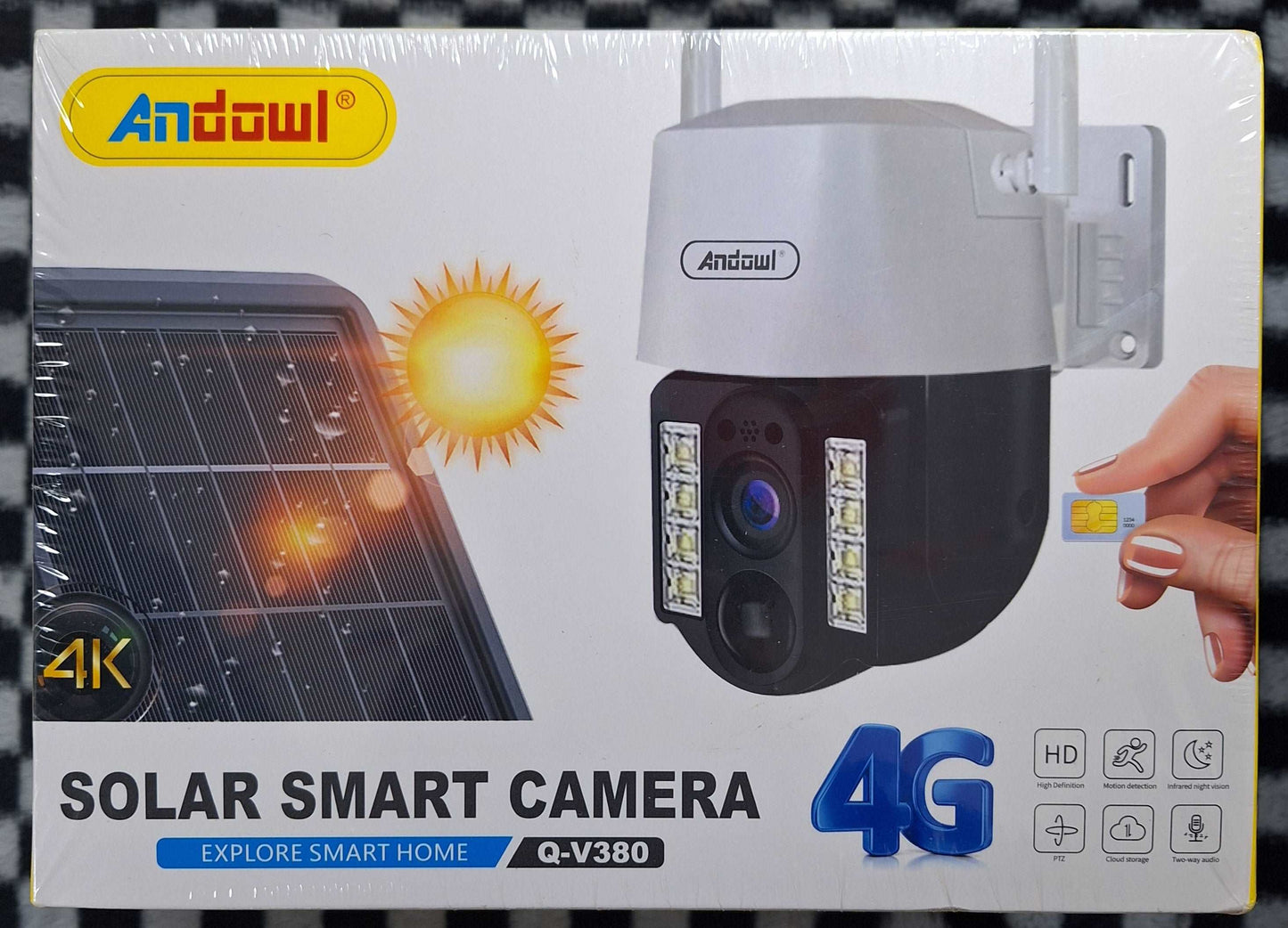 Little Tokyo SA Andowl 4G Smart 4K HD Solar Camera showing weatherproof design and solar panel for outdoor security.