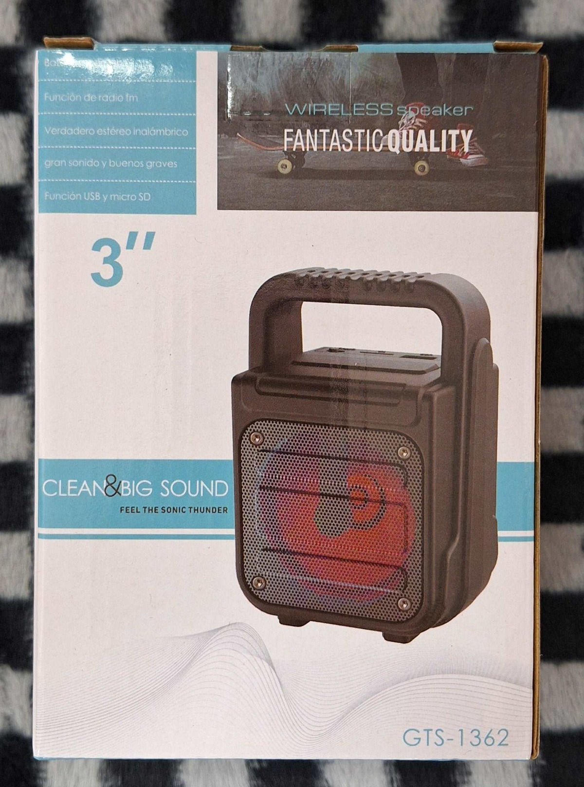 ET 3-inch wireless speaker, compact portable speaker with Bluetooth connectivity and sleek black design.