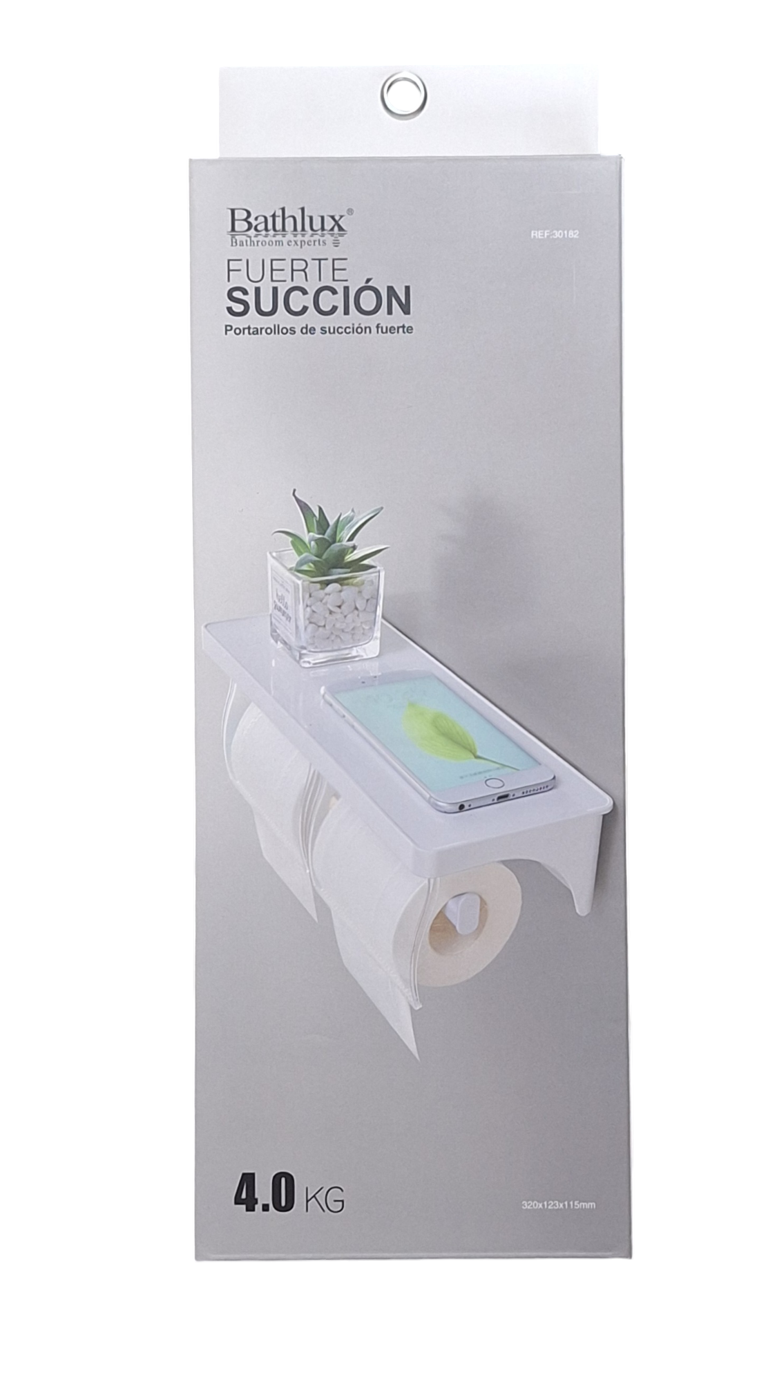 Suction fitted toilet roll holder by Little Tokyo SA mounted on bathroom wall, holding a toilet paper roll.