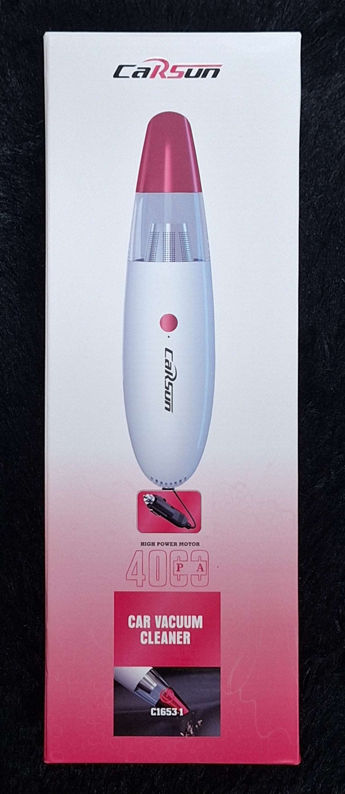 ET 60W car vacuum cleaner, compact handheld device for cleaning car interiors, with a sleek black design.