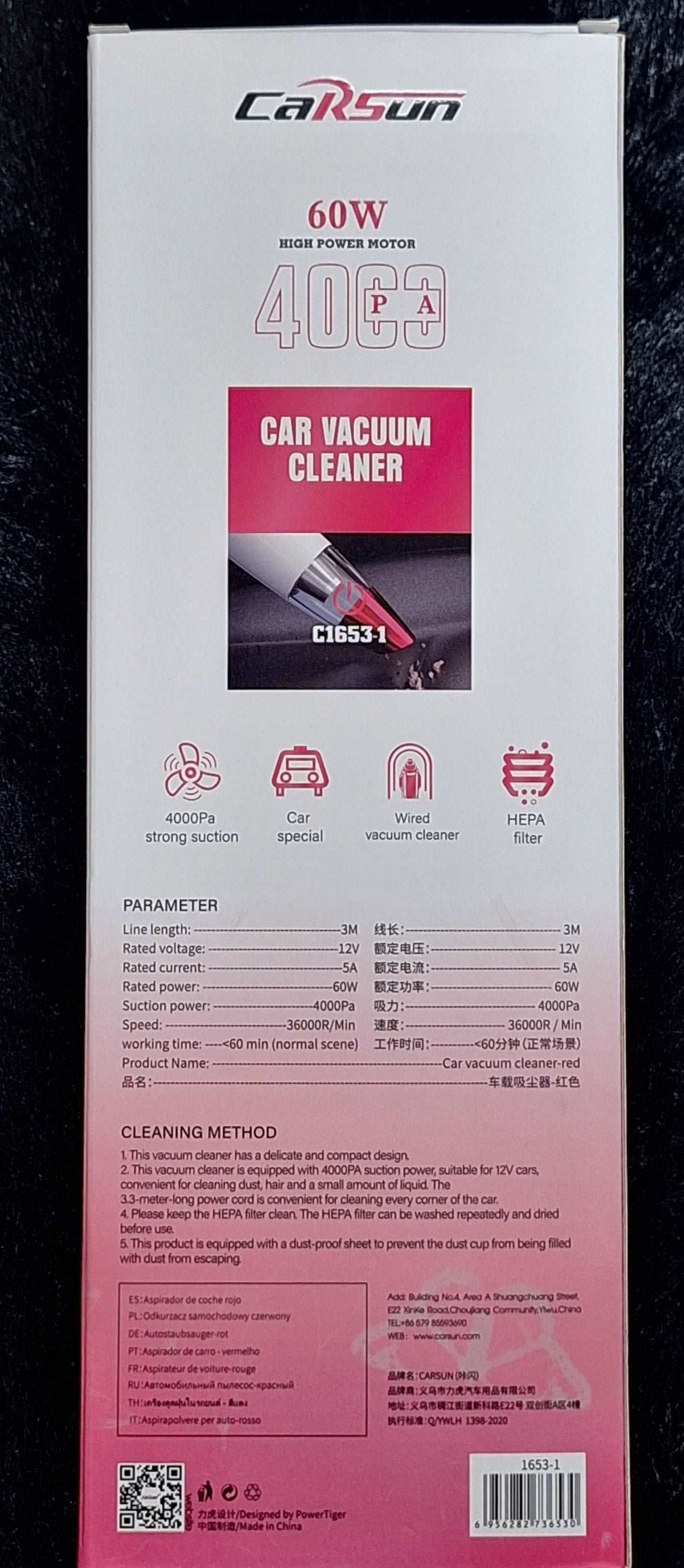 ET 60W Car Vacuum Cleaner, compact handheld vacuum with nozzle for cleaning car interiors and carpets.