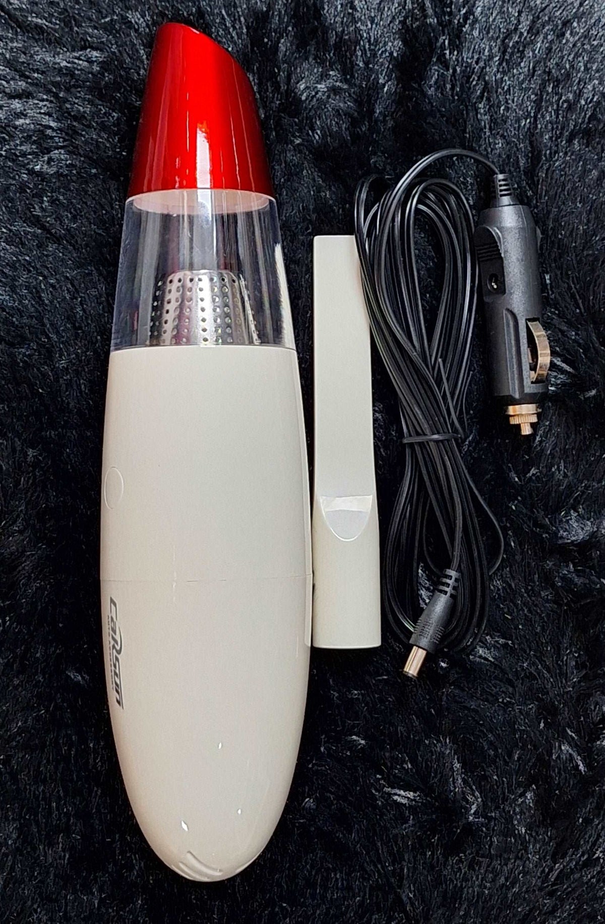 ET 60w car vacuum cleaner showing compact design and nozzle for cleaning car interiors.