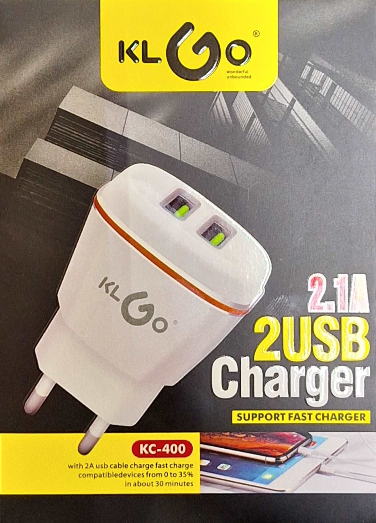 ET wall charger with two USB ports and 2.1amp output for mobile phones, shown connected to a power outlet.