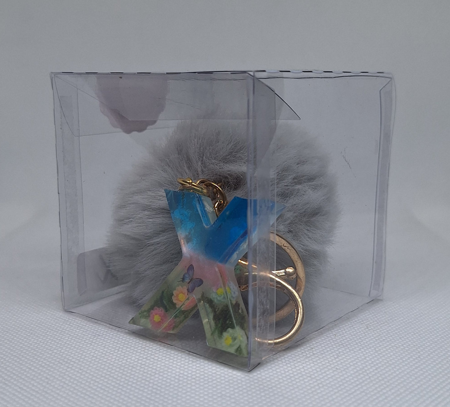 Custom Resin Letter Keychain With a Grey Pom Pom - X - Little Tokyo SA
