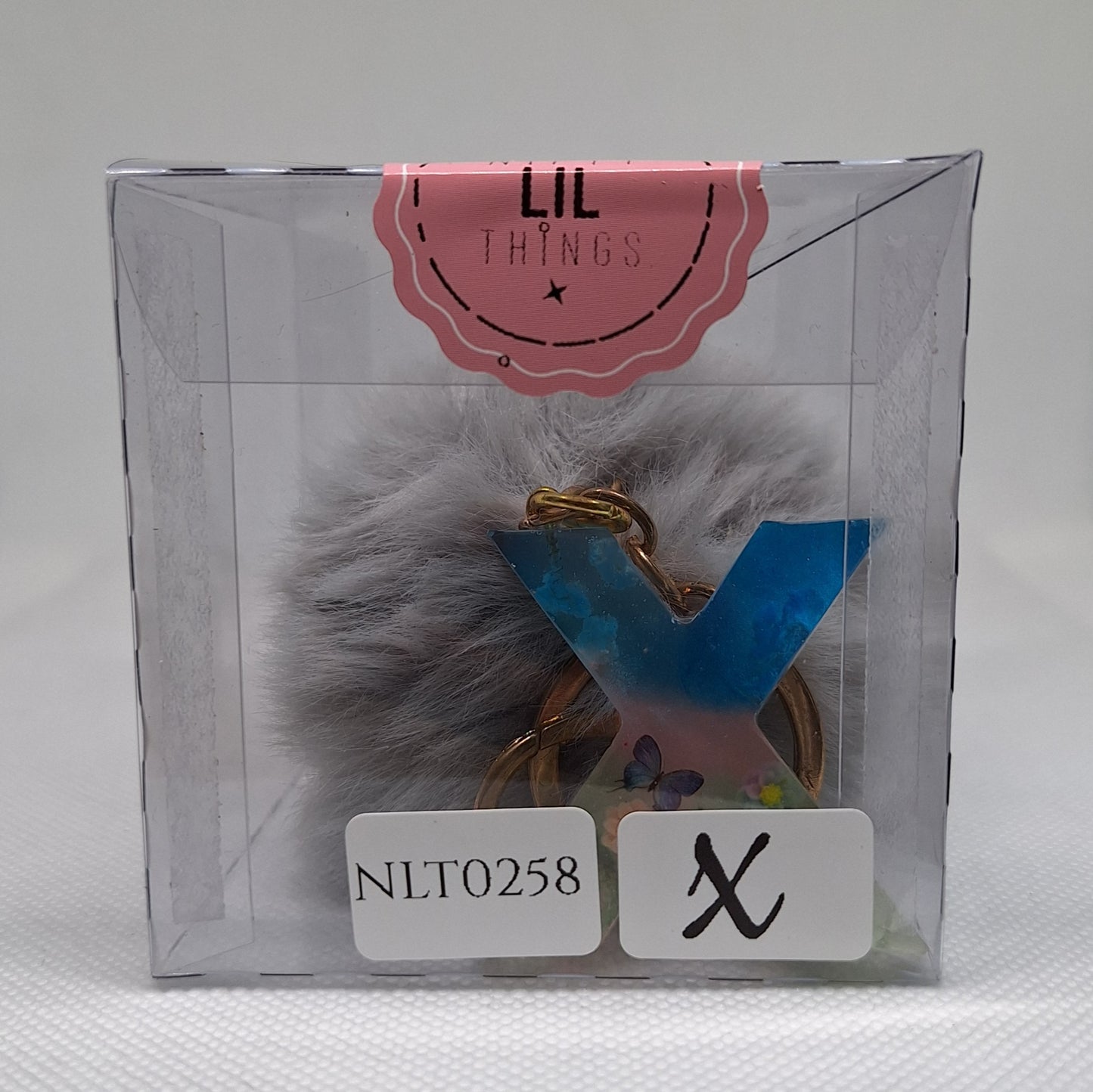 Custom Resin Letter Keychain With a Grey Pom Pom - X - Little Tokyo SA