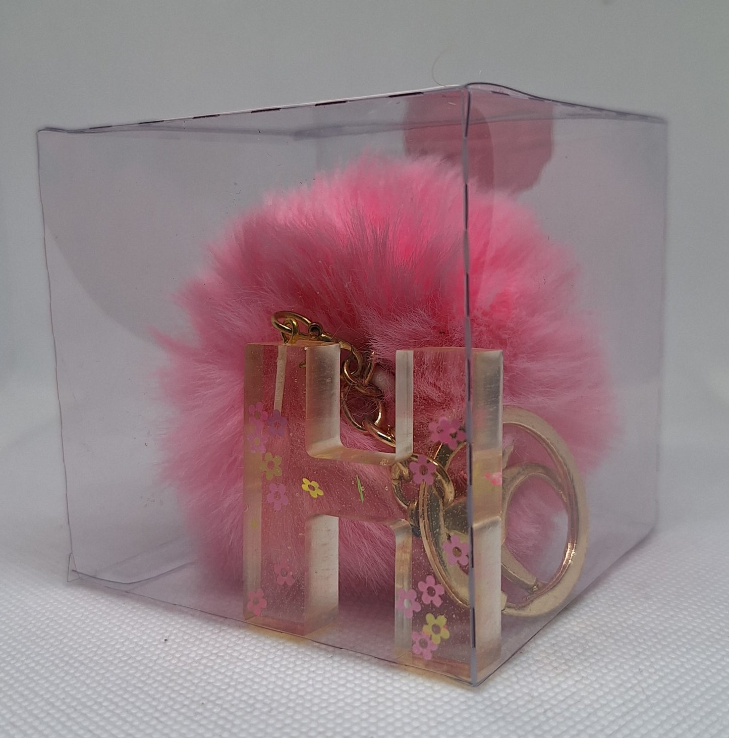 Custom Resin Letter Keychain With a Pink Pom Pom - H - Little Tokyo SA