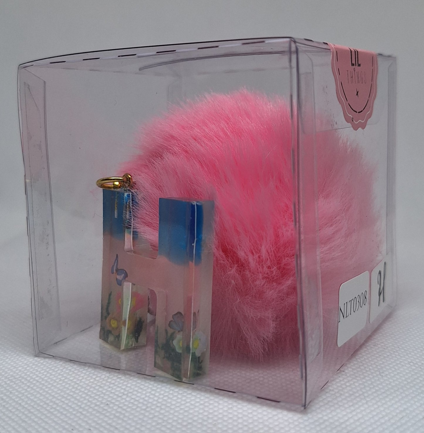 Custom Resin Letter Keychain With a Pink Pom Pom - H - Little Tokyo SA