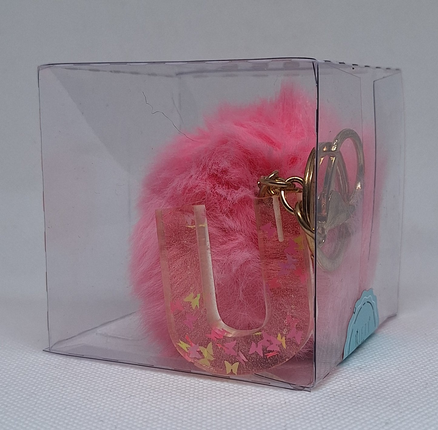 Custom Resin Letter Keychain With a Pink Pom Pom - U - Little Tokyo SA