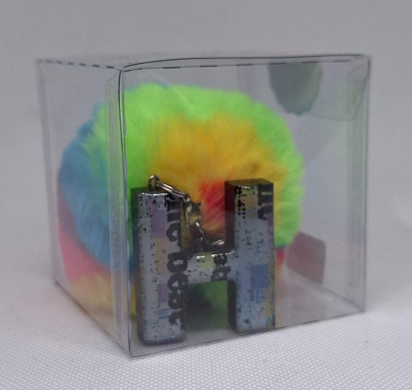 Custom Resin Letter Keychain With a Rainbow Pom Pom - H - Little Tokyo SA