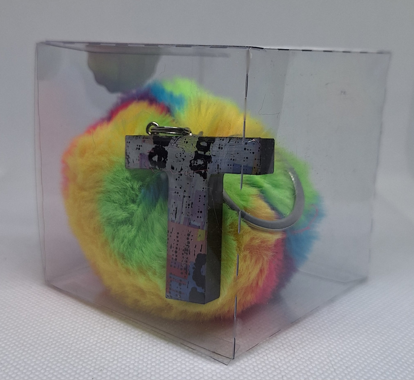 Custom Resin Letter Keychain With a Rainbow Pom Pom - T - Little Tokyo SA