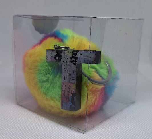 Custom Resin Letter Keychain With a Rainbow Pom Pom - T - Little Tokyo SA