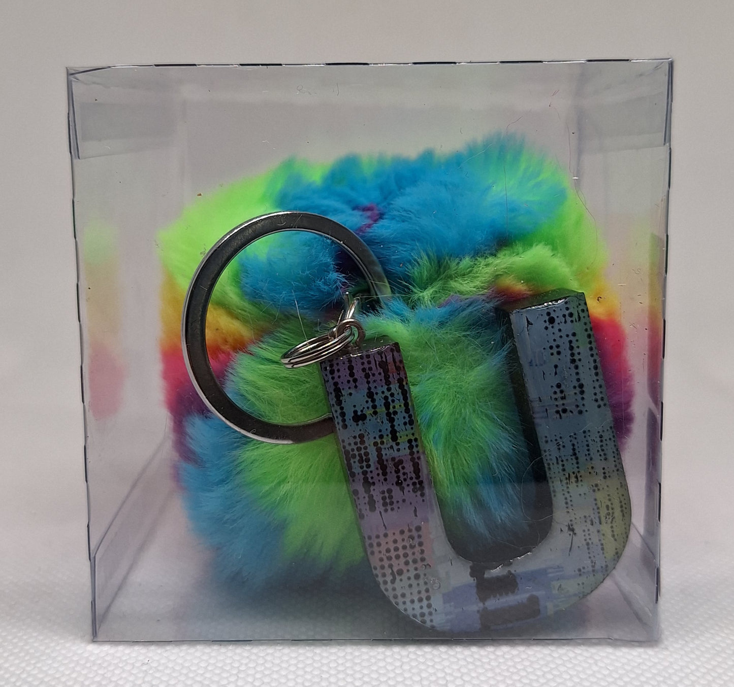 Custom Resin Letter Keychain With a Rainbow Pom Pom - U - Little Tokyo SA