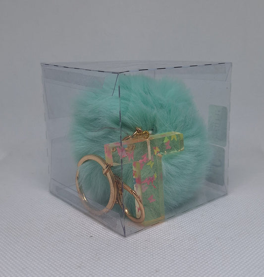 Custom Resin Letter Keychain With a Turquoise Pom Pom - T - Little Tokyo SA